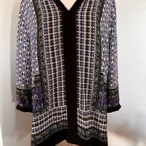 Nydj women’s  1/4 sleeve long tunic blouse relaxed fit pullover v neck size PXL